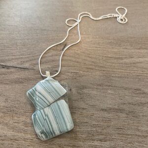 Delmarva Designs Handcrafted Green & White Striped fused Glass Pendant on chain